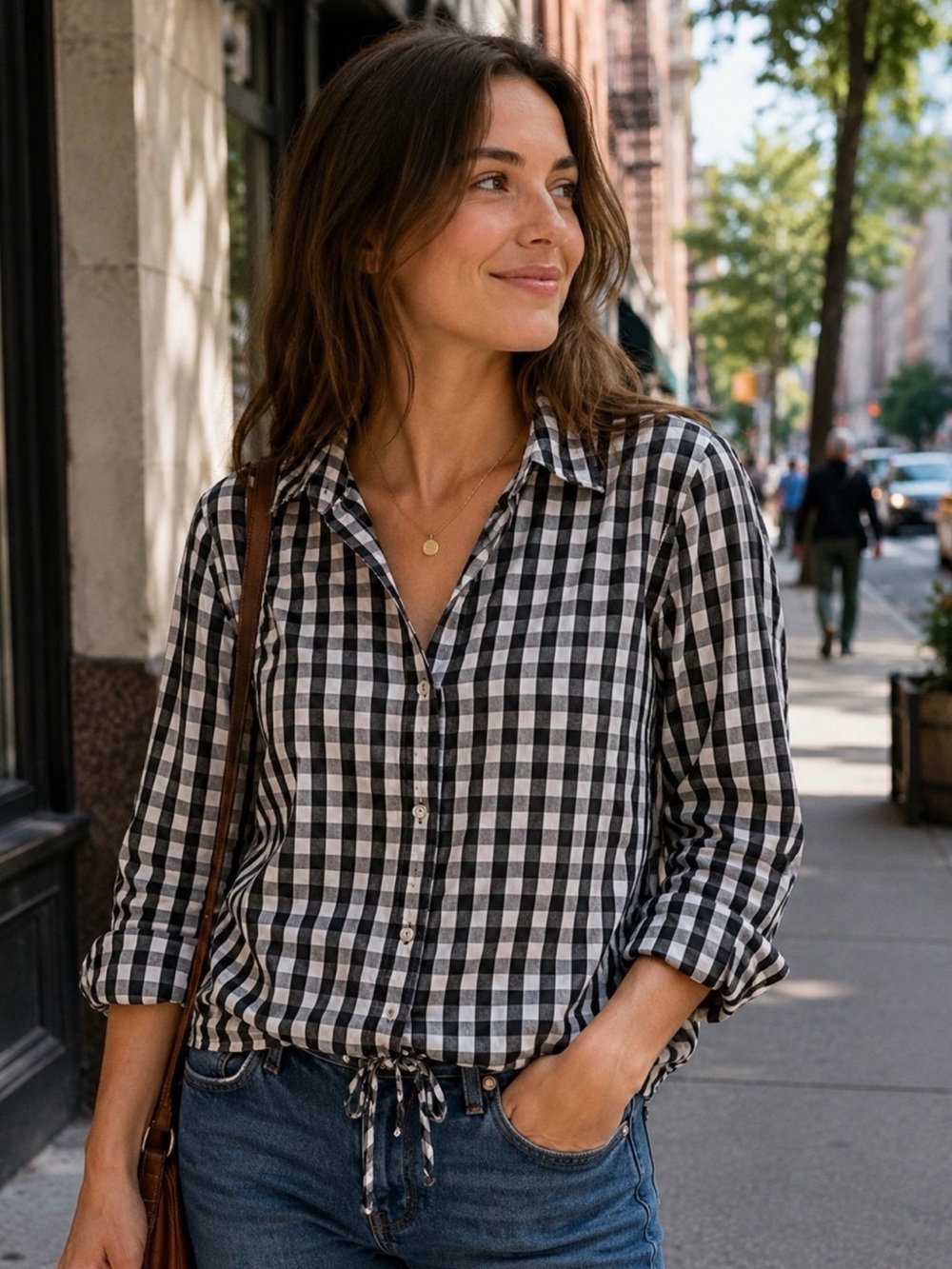 Anne Klein Black and White Gingham Button-Down Shirt